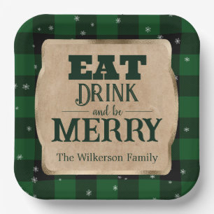 Eat Drink and Be Merry Green Plaid Christmas Paper Plate