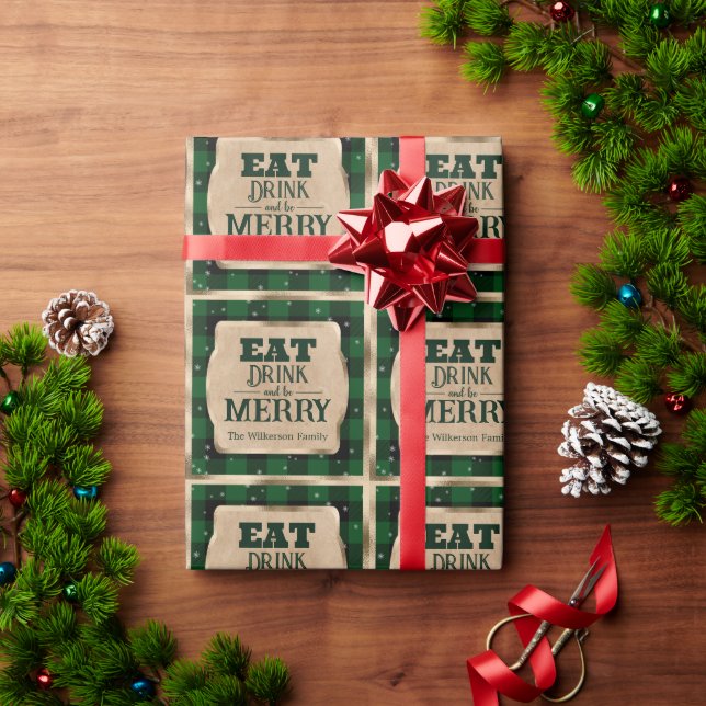 Eat Drink and Be Merry Green Plaid Christmas Wrapping Paper (Holiday Gift)