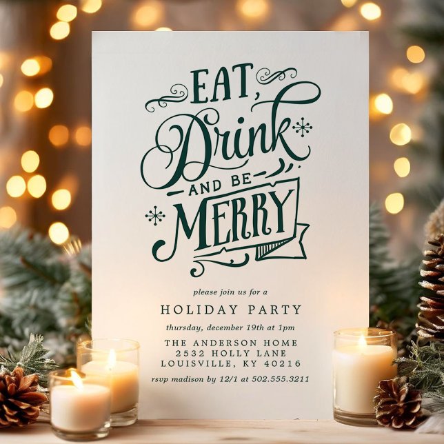 Eat Drink And Be Merry Green Stripes Holiday Party Invitation (Creator Uploaded)