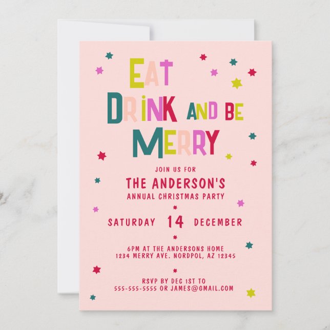 EAT DRINK and be MERRY Personalised Blush Pink Invitation (Front)
