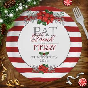 Eat Drink and Be Merry Poinsettia Christmas Paper Plate