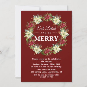 Eat Drink and be Merry Poinsettia Christmas Party Invitation