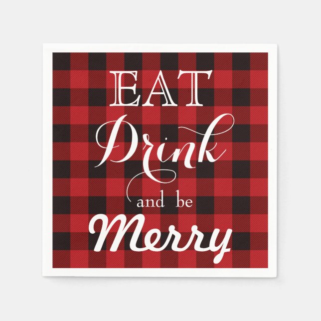 Eat Drink and be Merry, red-black tartan plaid Napkin (Front)