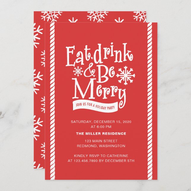 Eat Drink and Be Merry Red Holiday Party Invitation (Front/Back)