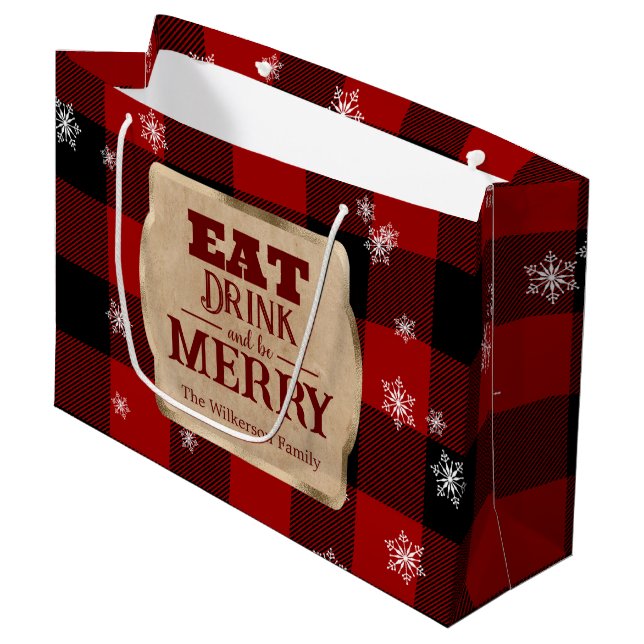 Eat Drink and Be Merry Rustic Red Plaid Christmas Large Gift Bag (Front Angled)