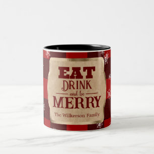 Eat Drink and Be Merry Rustic Red Plaid Christmas Two-Tone Coffee Mug