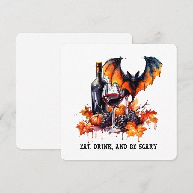 Eat Drink and Be Scary Fall Halloween Bat and Wine Holiday Card (Front/Back)