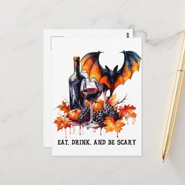 Eat Drink and Be Scary Fall Halloween Bat and Wine Postcard (Front/Back In Situ)