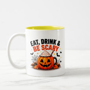 Eat Drink And Be Scary Funny Pumpkin Halloween Two-Tone Coffee Mug