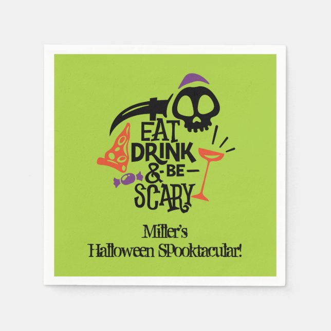 Eat Drink and Be Scary Green Halloween Party Napkin (Front)