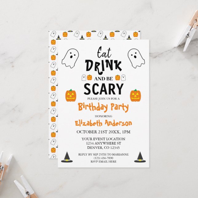 Eat, Drink and Be Scary Halloween Birthday Invitation (Front/Back In Situ)