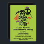 Eat Drink and Be Scary Halloween Invitation<br><div class="desc">Eat, Drink and Be Scary is printed in fun typography with a wine glass, skull, scary knife, pizza and candy, ready to PERSONALIZE with your party details. CHANGE the lime green background colour to fit your Halloween decorating theme. Available as printed invitations and instant download to print yourself or to...</div>