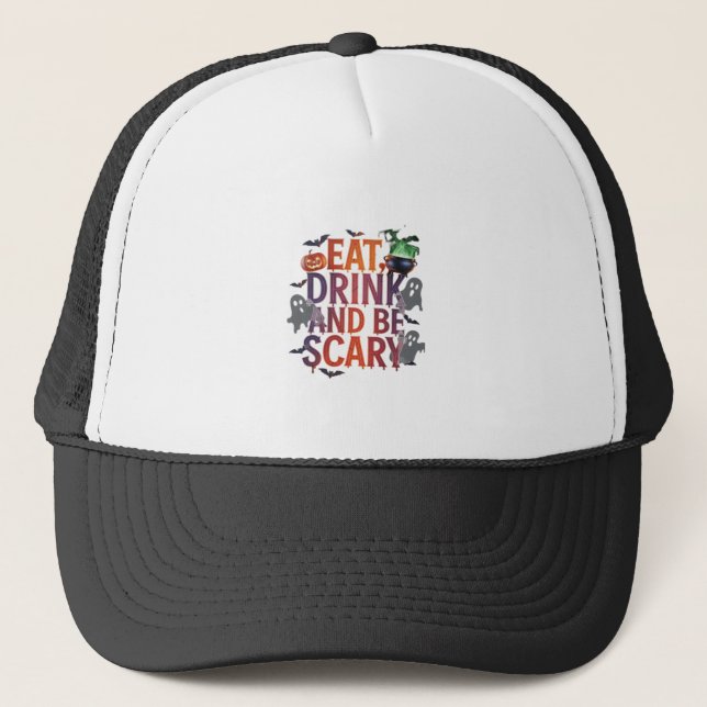Eat Drink And Be Scary Halloween Party Spooky Desi Trucker Hat (Front)