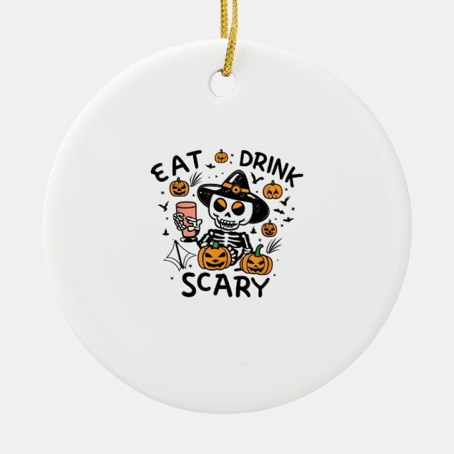 Eat Drink And Be Scary Halloween Pumpkin Miniature Ceramic Ornament (Front)