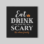 Eat Drink and Be Scary Modern Typography Halloween Faux Canvas Print<br><div class="desc">This scary cute personalized Halloween canvas art wall decor features the phrase "Eat Drink and Be Scary" in a modern white typography design with an orange jack o'lantern pumpkin accent and text that can be personalized with your names or family name. Black background color.</div>