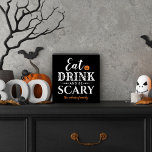 Eat Drink and Be Scary Modern Typography Halloween Wooden Box Sign<br><div class="desc">This scary cute black personalised wooden Halloween art decor features the phrase "Eat Drink and Be Scary" in a modern white typography design with an orange jack o'lantern pumpkin accent and text that can be personalised with your names or family name.</div>