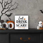 Eat Drink and Be Scary Modern Typography Halloween Wooden Box Sign<br><div class="desc">This scary cute personalised wooden Halloween art decor features the phrase "Eat Drink and Be Scary" in a modern black typography design with an orange jack o'lantern pumpkin accent and text that can be personalised with your names or family name.</div>