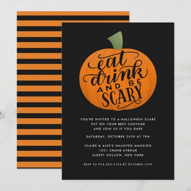 Eat, Drink, and Be Scary Pumpkin Halloween Party Invitation (Front/Back)