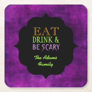 Eat Drink and Be Scary Purple Halloween Square Paper Coaster