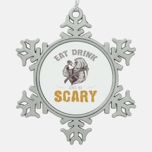 Eat Drink And Be Scary Reaper Minimal Clean Snowflake Pewter Christmas Ornament (Front)