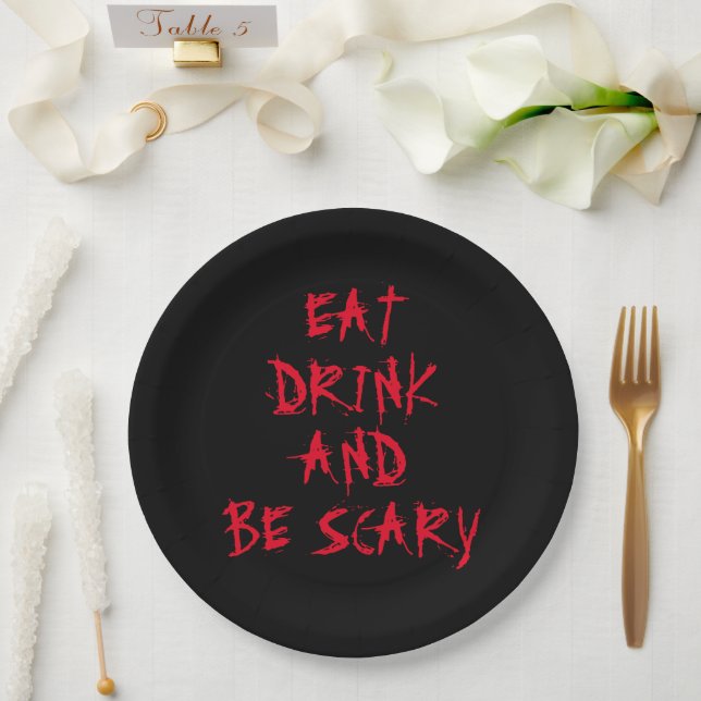 Eat drink and be scary red blood Halloween party Paper Plate (Wedding)