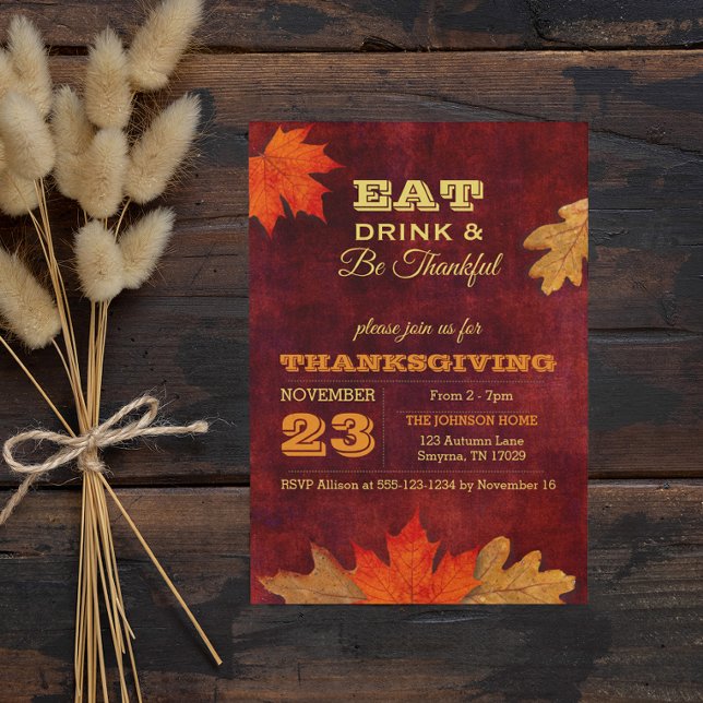 Eat Drink and Be Thankful Autumn Leaves Invitation (Creator Uploaded)