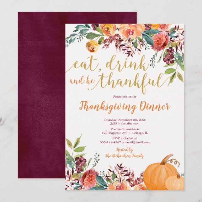 Eat Drink and be Thankful Thanksgiving Dinner Invitation (Front/Back)