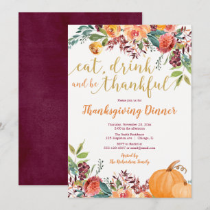 Eat Drink and be Thankful Thanksgiving Dinner Invitation
