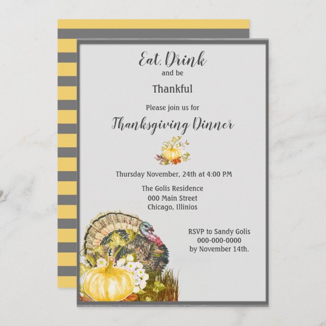 Eat Drink and Be Thankful Thanksgiving Dinner Invitation (Front/Back)