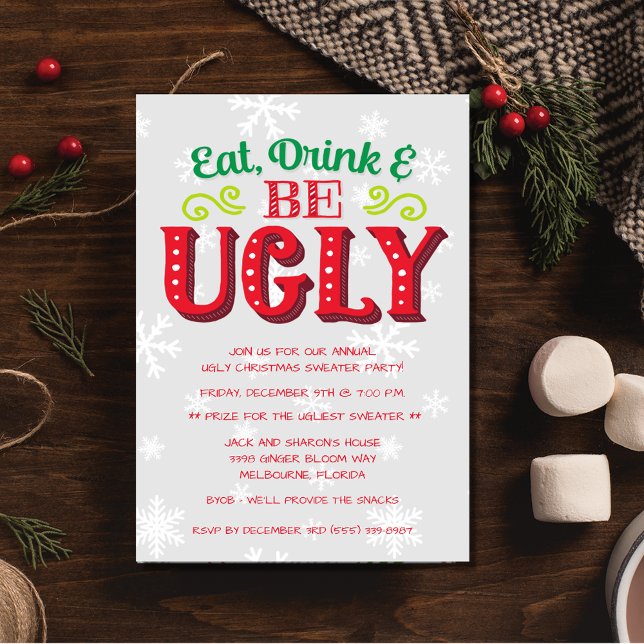 Eat, Drink and Be Ugly Christmas Sweater Party Invitation (Eat, Drink and Be Ugly Christmas Sweater Party Invitation)