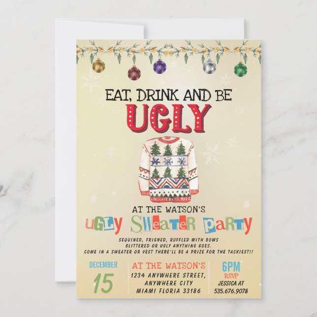 Eat Drink And be Ugly Christmas Sweater Party  Invitation (Front)