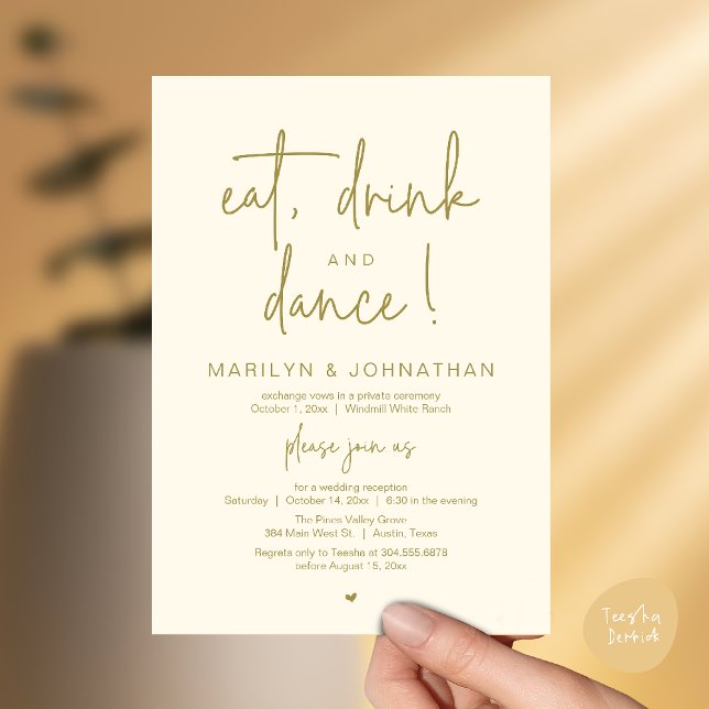 Eat, Drink and Dance, Modern Wedding Reception Invitation (Eat, Drink and Dance, Modern Wedding Reception Dinner Party Invitation Card in yellow gold)