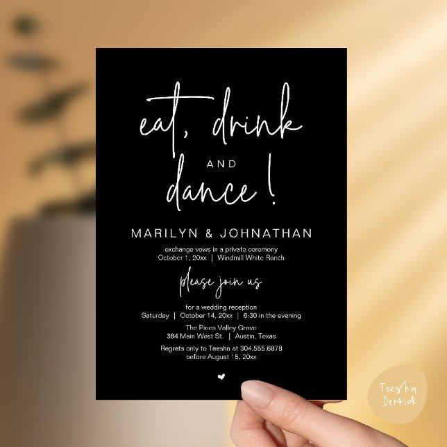 Eat, Drink and Dance, Modern Wedding Reception Invitation (Eat, Drink and Dance, Modern Wedding Reception Dinner Party Invitation Card in black and white)