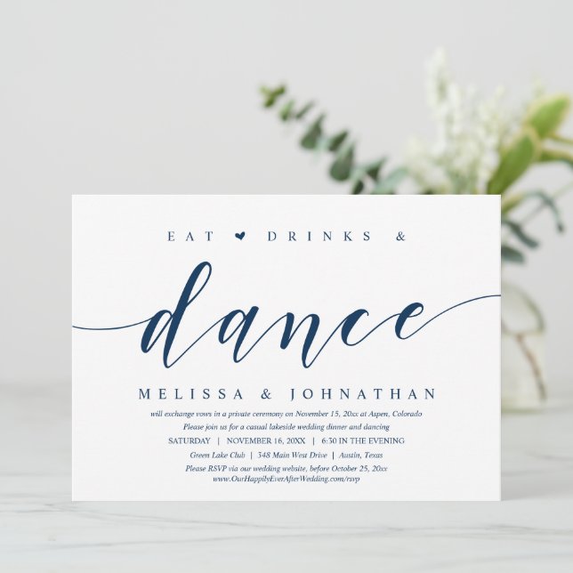 Eat, Drink and Dance, Wedding Elopement Party Invi Invitation (Standing Front)