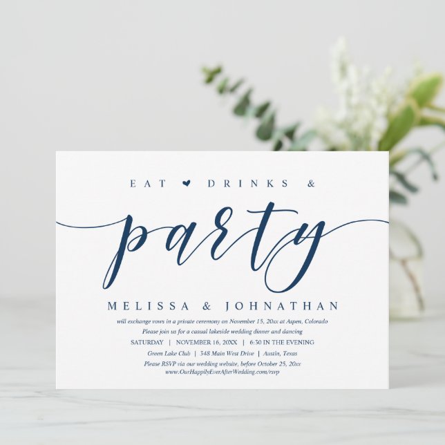 Eat, Drink and Party, Wedding Elopement Dinner Inv Invitation (Standing Front)