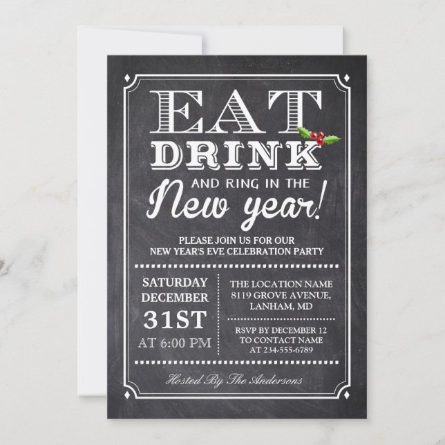 Eat Drink and Ring in the New Years Eve Party Invitation (Front)