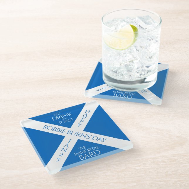 Eat Drink and Toast Robbie Burns Scottish Flag Glass Coaster (Angled)