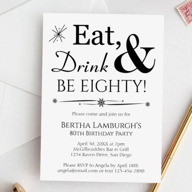 Eat Drink Be Eighty Black White 80th Birthday Invitation (Creator Uploaded)