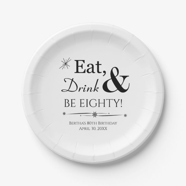 Eat Drink & Be Eighty Retro 80th Birthday Paper Plate (Front)