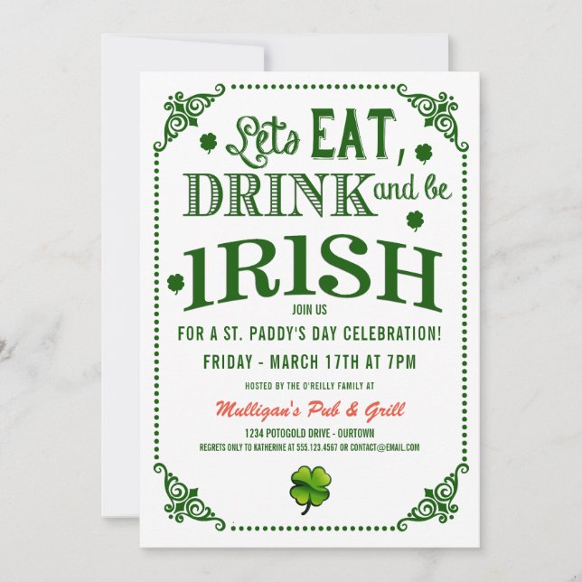Eat/Drink/Be Irish St.Pat's Party Invitations (Front)