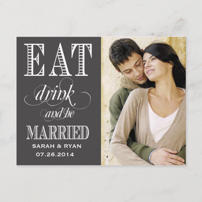 Eat Drink & Be Married Black Wedding Save the Date Announcement Postcard (Front)