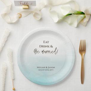 Eat Drink Be Married Dusty Blue Wedding Party Paper Plate