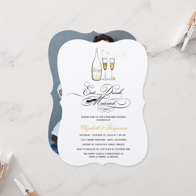 Eat Drink & Be Married Gold Champagne Chic Wedding Invitation (Front/Back In Situ)