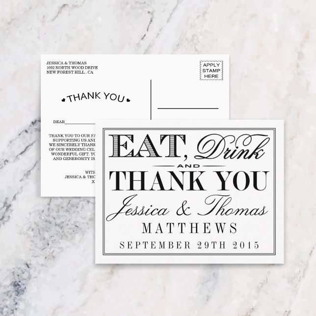 Eat, Drink & Be Married Modern Black/White Wedding Postcard (Creator Uploaded)