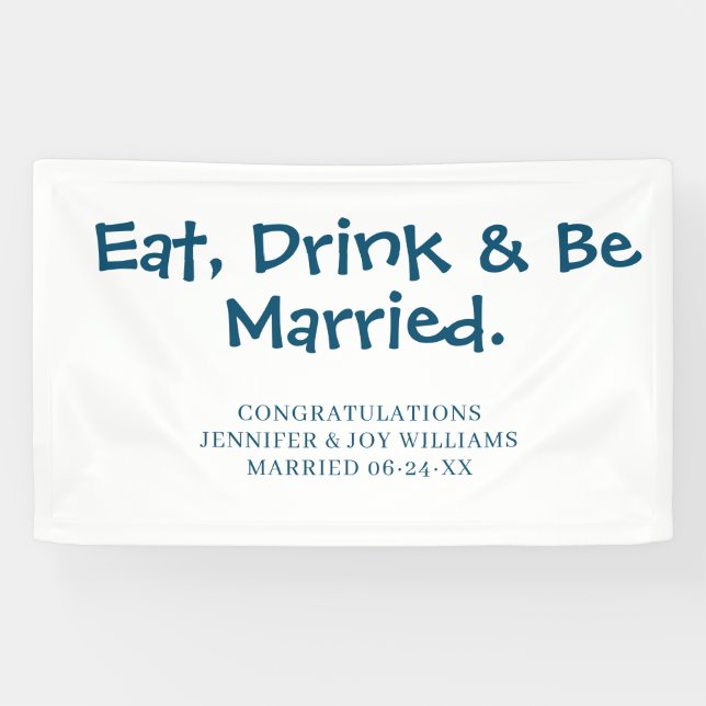 Eat Drink Be Married Modern Navy Blue Wedding  Banner (Horizontal)
