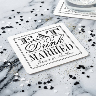 Eat, Drink & Be Married Modern Wedding Square Paper Coaster