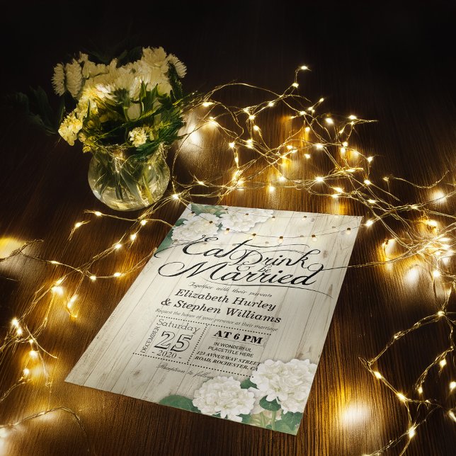 EAT Drink & Be Married Wedding Flowers Wood Lights Invitation (Creator Uploaded)