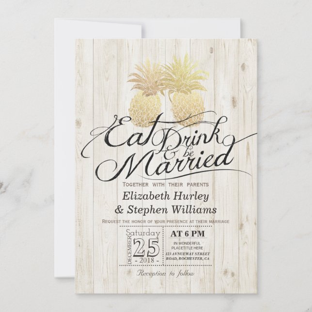 EAT Drink Be Married Wedding Gold Pineapple Couple Invitation (Front)