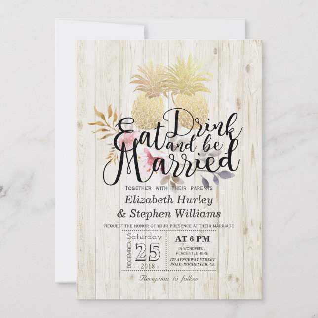 EAT Drink Be Married Wedding Gold Pineapple Couple Invitation (Front)