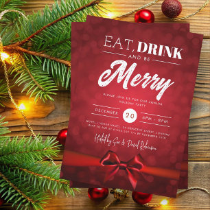 Eat, Drink Be Merry Bokeh Holiday Xmas Red Bow Invitation